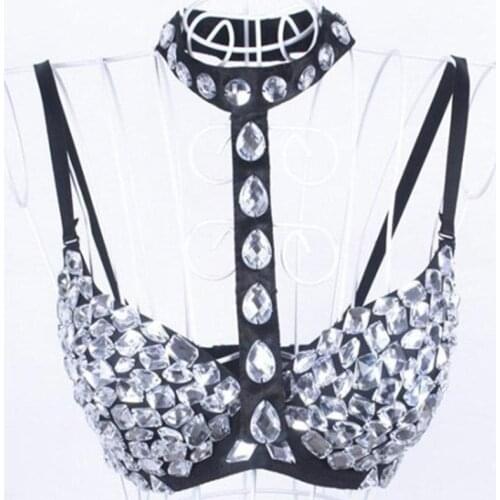 2018 New Unique Party Punk Bra Women Party Disco Acryl Diamond Design Sexy Bras Bar Singer Stage DS Costumes Halter Sets 3 In 1