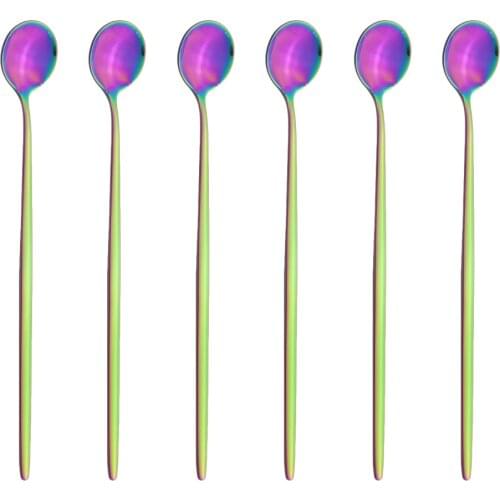 6Pcs Colorful Juice Stirring Spoon Cutlery Set Coffee Tea Spoons Dinnerware Ice Cream Long Handle Scoop Tableware Kitchen Tools