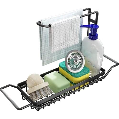 Sink Caddy Sponge Holder Large XXL, Expandable Drying Rack Over Sink For Kitchen Dish Supplies/Sponge/Sink Plug, Black
