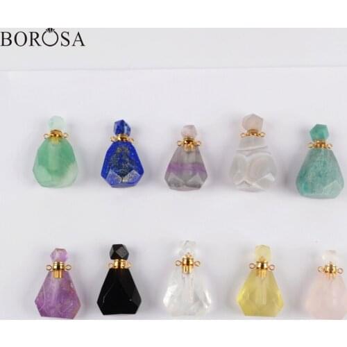 BOROSA Gold Natural Stone Perfume Bottle Connectors Lapis Fluorite Rose Crystal Quartz Essential Oil Diffuser Necklace Pendant