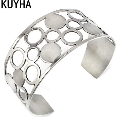 Womens Silver Color Hollow Cuff Bangle Open Bracelet Circle Pattern Statement 30mm Width Bracelet for Valentines Day Present