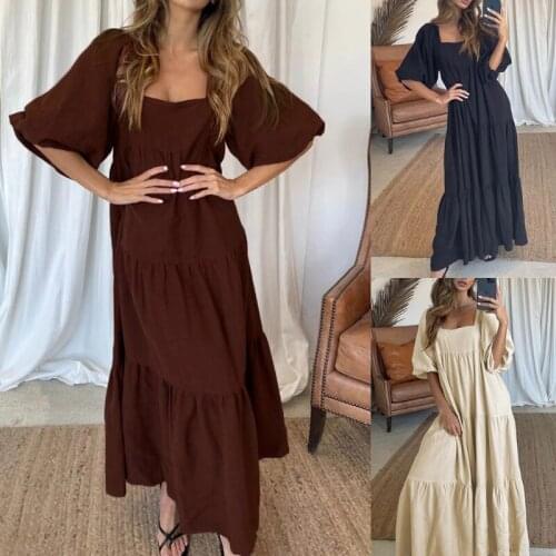 Summer French Linen Solid Colour New Patchwork Puff Sleeve Back Belt Long Dress O-Neck Loose Waist Ankle-Length Ladies Dresses