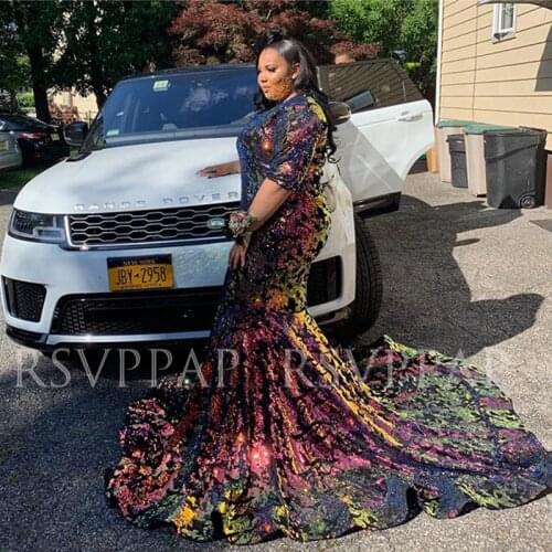African Black Girl Plus Size Long Prom Dresses 2021 Sparkly Sequin V-neck Half Sleeves Sexy Mermaid Prom Gowns