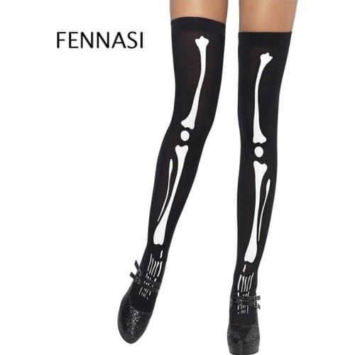 FENNASI Halloween Bone Stockings Terror Over Knee Pantyhose High Knee Women Sexy Party Tights Horror Black Stocking Hosiery