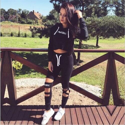 Personalized Womens Suits Slim Hooded Sweaters +fashion Hole Pants Female Casual Sports Suits For Women