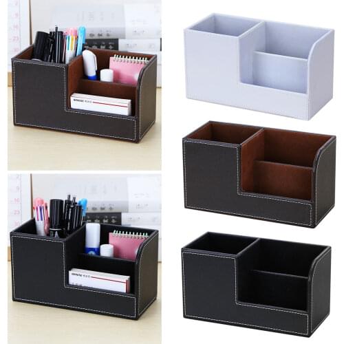 PU Leather Desk Organizer Pencil Pen Holder Storage Pencil Box Stationery Containers with 3 Compartments for Office Supplies