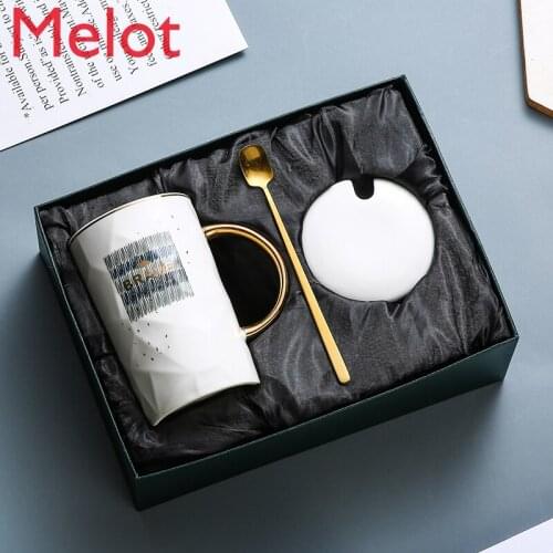 Ceramic Cups Creative Personality Trend Mug with Spoon Simple Couple Drinking Cups Home Coffee Cups Gifts for Boys and Girls