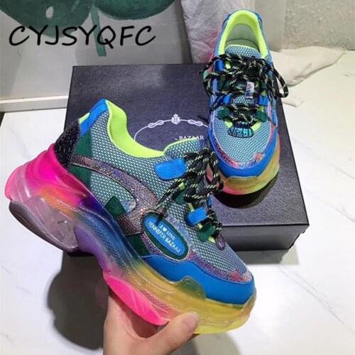 CYJSYQFC Autumn Winter Luxury Women Sneakers Genuine Leather Mesh Air Thick Bottom Daddy Shoes Flat Platform Running Woman Shoes