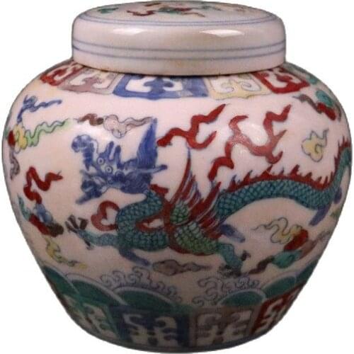 Chinese Old Porcelain Dragon And Phoenix Picture Pattern Covered Pot