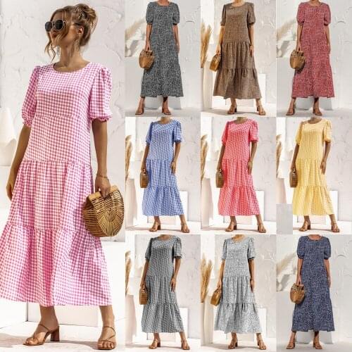 Summer Fashion Female Casual Puff Sleeve Dress Polka Dot Plaid Loose Stitching Dress Beach Holiday Long Dress Vestido De Mujer