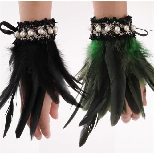Lace Feather Wrist Cuffs Black Real Natural Dyed Rooster Feather Cuffs Performance Party Cosplay Costume Accessory Feather Glove