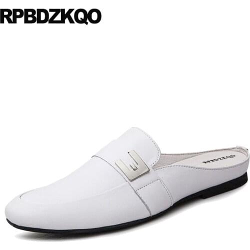 Sandals Men Soft Runway Slides Half Real Leather Metal Black Shoes Brand Famous Summer Luxury Mules Slip On White High Quality
