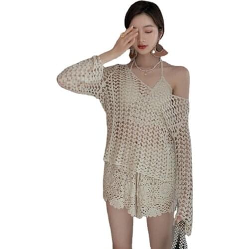 2021 new split knitted belly covering thin bathing hot spring beach resort swimsuit female Korean fairy model
