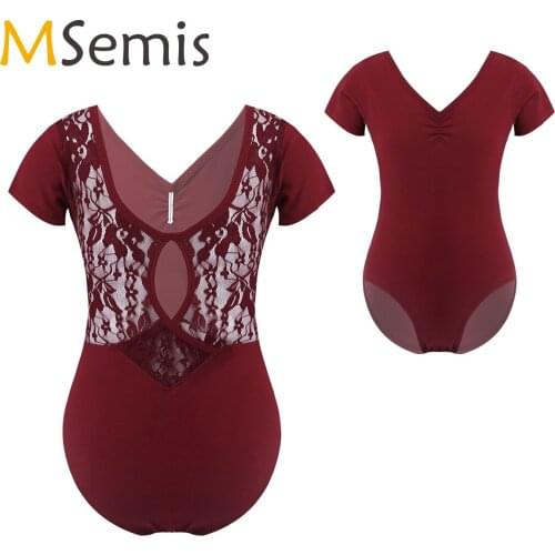 Kids Girls Ballet Leotards V Neck Open Upper Back Hollow Out See-through Lace and Keyhole at Rear Ballet Dance Leotard Jumpsuit