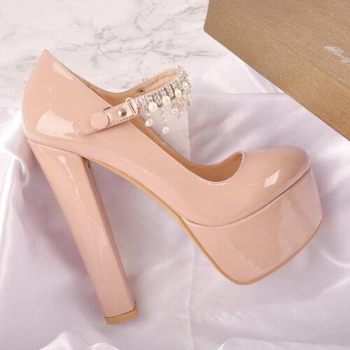 Onlymaker Womens Platform Chunky High Heels Pumps Mary-Jane Block Sandals Prom Wedding Dress Shoes with Rhinestones Pearl Tasse