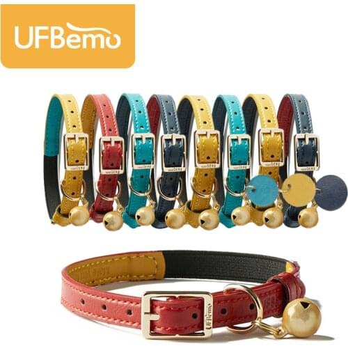 UFBemo Personalized Cat Collar Elastic with Bell Necklace Soft PU Leather Pet Collars Luxury Safety Kitten Small Dog Chihuahua