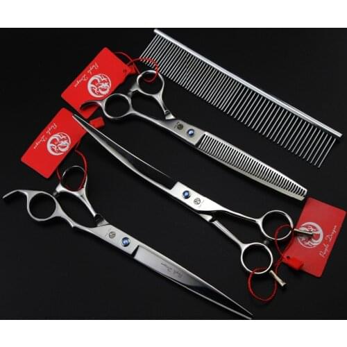 8inch Professional Pet Scissors,Silver Pet Ggrooming Scissors Sets With Case Bag,Straiht &Thinning & Curved Scissors 3pcs/ Set