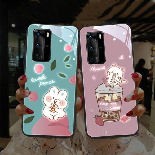 Shockproof Glass Call Light Cover For Huawei P30 P20 P40 Pro Case Tea Cat Rabbit LED Flash Case For Huawei Mate 30 40 Pro Funda