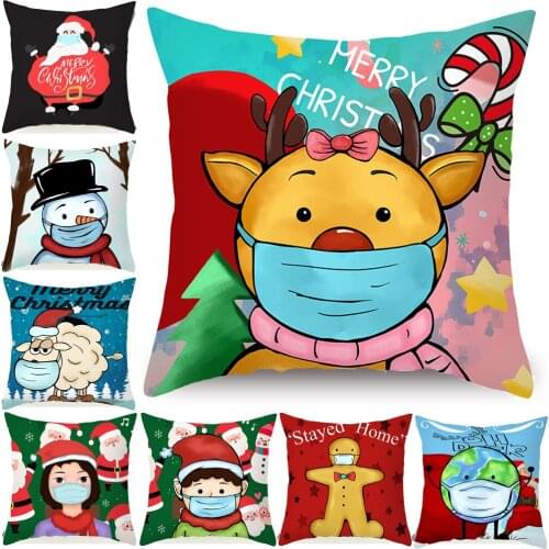 Christmas Cushion Cover Stayed Home Self Protection Pillow Case White Polyester Sofa Pillowcase Decoration 45X45cm