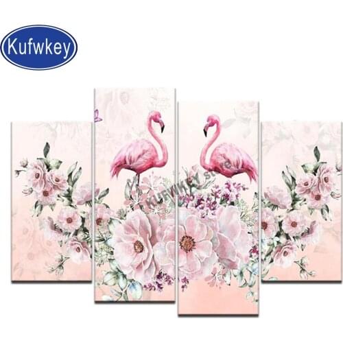 Pink Flamingo 5d diy diamond Painting full square drill Flower Bird 3d picture of rhinestone embroidery diamond mosaic 4pcs/set