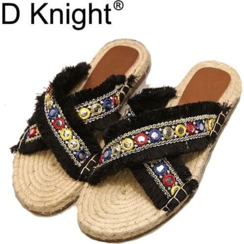 Fashion Women Casual Slip-on Flat Fisherman Slippers New Elegant Ethnic Hemp Beach Slides Size 35-40 Female Cross Strap Slippers