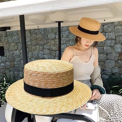 Summer Handmade Natural Wheat-Straw Sunhat Women Straw Hat Wide Brim Flat Top Hats Men Beach Solid Caps Sun Protection Chapeau