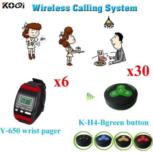 Restaurant Call System Excellent Sound Performance 6pcs Y-650 Watch Pager +30pcs K-H4 100% Water-proof Buttons