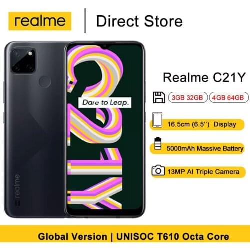 Newest Realme C21Y Smartphones 3GB 32GB 6.5" UNISOC T610 13MP AI Triple Camera 5000mAh Supports reverse charging Mobile Phones
