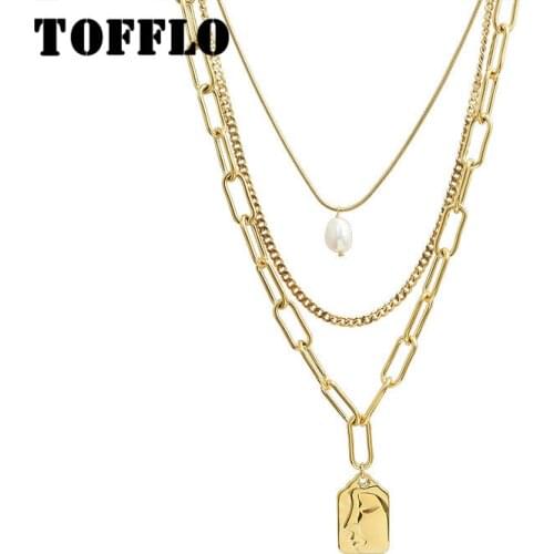 TOFFLO Stainless Steel Jewelry Three Layer Irregular Pendant Freshwater Pearl Sweater Chain Fold Fashion Necklace Woman BSP773