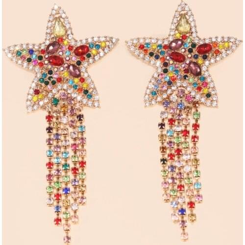 Boho Sparkly Rainbow Crystal Star Drop Earrings Gold Color Metal Geometric Long Tassel Earrings for Women Party Jewelry Gifts