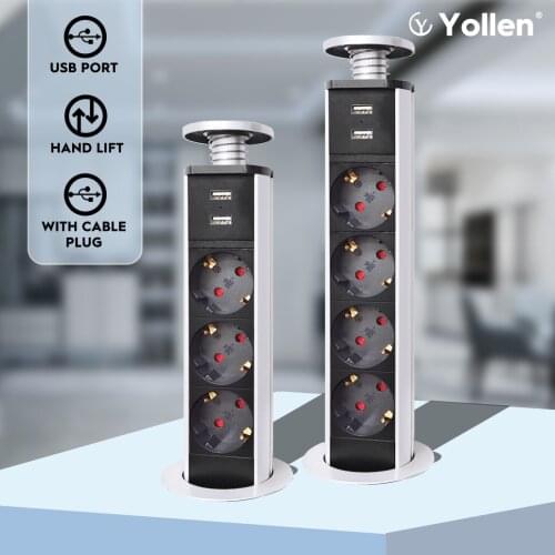 EUR For Table 16A PULL POP UP 3 Power Socket 2 USB Charging Port Kitchen Desktop Type Retractable Countertops Worktop EUR/UK/US