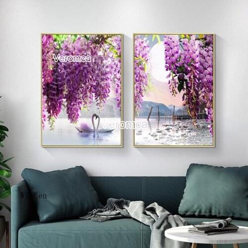 Beautiful Purple Flower Tree Swan Lake Landscape Full Diamond Embroidery 5D Diy Diamond Painting Kits Home Decor Cross Stitch