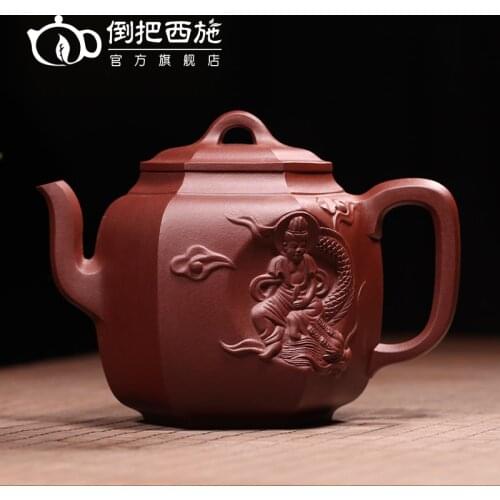 High tech] Yixing famous mine purple clay teapot hand carved Teapot Tea Set purple clay six square Buddha light