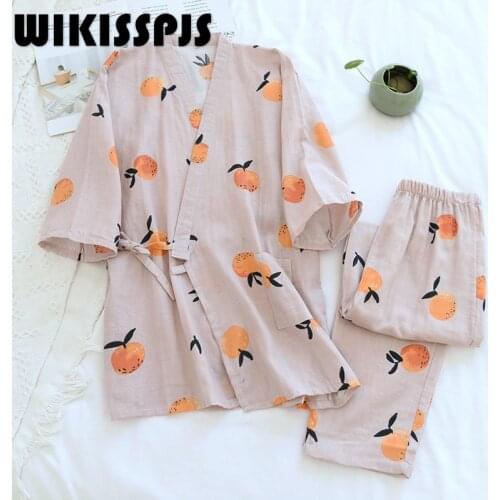 WIKISSPJS 2021 Summer Kimono Thin 7/7 Sleeve Princess Two Piece Home Suit Spring and Autumn Lounge Wear Pajamas for Teen Girls