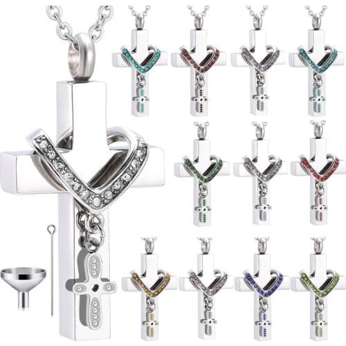 Cremation Jewelry for Ashes Double Cross Urn Necklace Pendant Stainless steel 12 colors Crystal Ash Memorial Pendant of Women