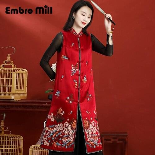 Womens Vest Autumn And Winter New Retro Stand Collar Embroidered Chinese Style Single-Breasted Waistcoat Plus Size M-3XL
