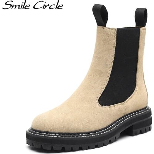 Smile Circle 2021 New Women Chelsea Boots Suede Ankle Boots Fall Winter Fashion Slip On Round Toe Platform Bootie