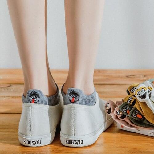 1 Pair Spring Womens Ankle Socks Kawaii Cartoon Embroidery Smile Lady Summer Funny Expression Cute Cotton Female Short Socks