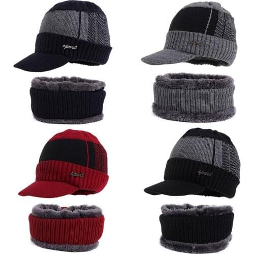 2020 Soft Scarf Beanie Two Piece Set Winter Thicken Knitting Windproof Caps Neck Male Warmer Hat H9X0
