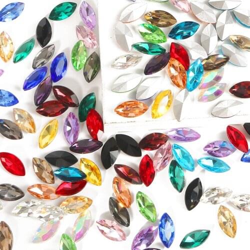 5-50 Pcs Horse Eye Glue On Rhinestone With Sliver Base Navette Shaped Glass Rhinestone Handicraft DIY Nail Phone Clothing Decor