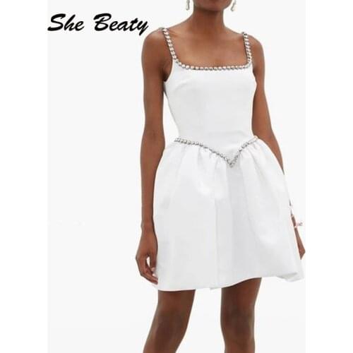 She Beaty White Dress Women 2021 Camisole Crystal Beading Luxury Brand Sexy Sleeveless Lady Fashion Party Clubwear Mini Dresses