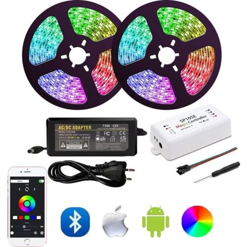 5m 10m 20m WS2811 Digital LED Strip APP Control 12V 30LEDs RGB LED Strip Light Set SP105E Bluetooth Controller 12V Power Adapter