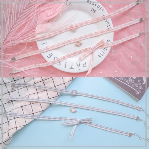 Doreen Box Fashion Pink/Blue Lattice Clavicle Chain Necklace For Women Girl BowKnot Planet Pendant Party Choker Necklace Jewelry