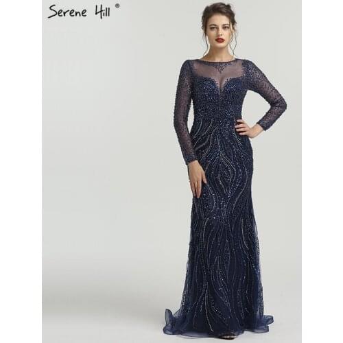 Dubai Navy Blue Mermaid Luxury Formal Dresses Long Sleeves Beading Sequined Fashion Evening Gowns 2020 Serene Hill LA6506