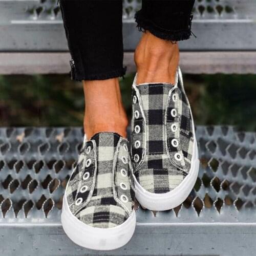 Womens Canvas Plaid Flat Shoes Female Sneakers Casual Vulcanized Shoe Women Fashion Slip on Platform Spring Ladies Footwear