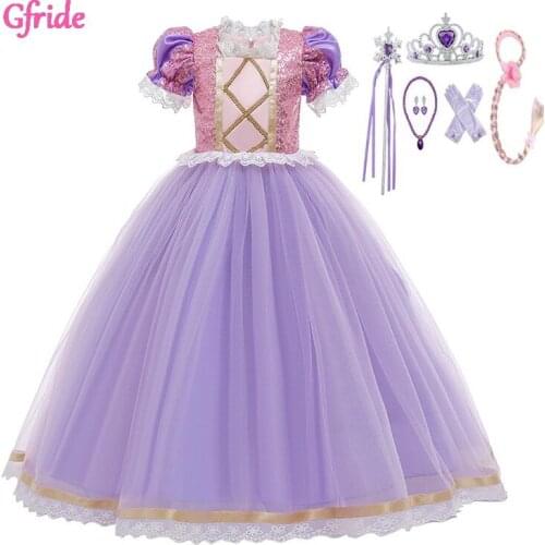 Girls Rapunzel Costume With Headband Accessories Lace Puff Sleeve Kids Birthday Party Costume snow queen Sofia Clothing