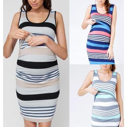 TELOTUNY Maternity Summer Dress Sleeveless Comfy Stripe Print Nursing Dress For Breastfeeding Breast Feeding Dress