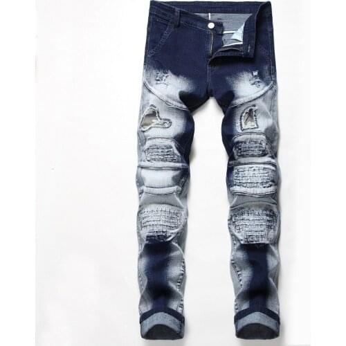 Holes Jeans Patch Patch Elastic Force Jeans Tide Male Pants Fashion Mens Jeans Pants Motocycle Denim Trousers Brand Straight