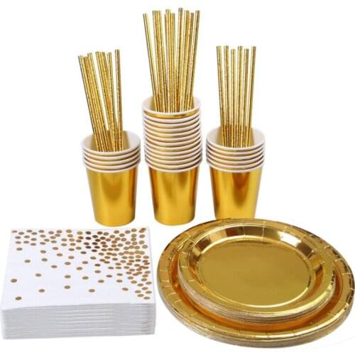 120Pcs Set Gilded Gold Golden Party Tableware Cup Plate Napkin Straw Birthday Party Supplies Wedding Anniversary Party Deco