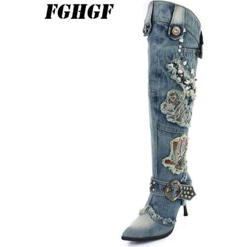The new 2018 womens shoes fall and winter high heels wear beaded denim and stiletto womens boots knight boots